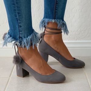 Ash Grey Chic Pom Pom Mary Jane Block Heel Pump